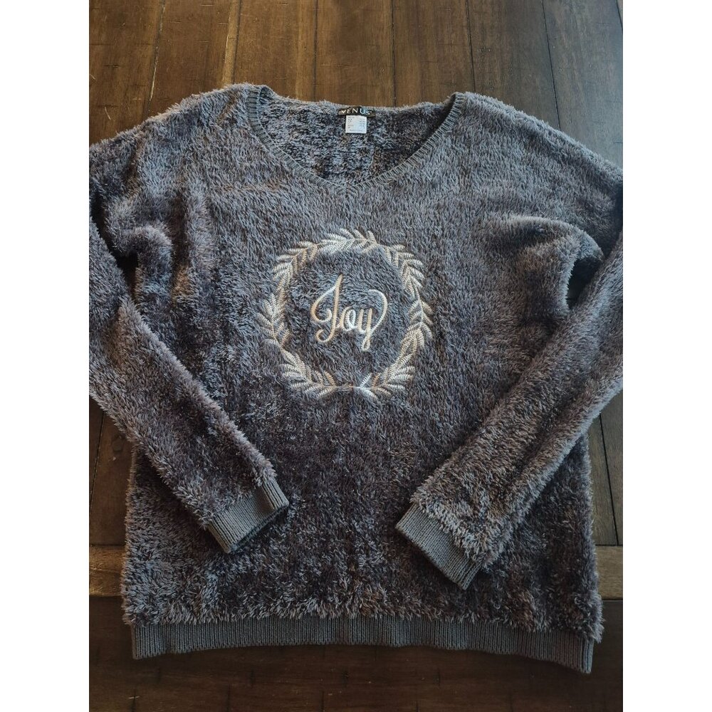 Venus Embroidered "Joy" Fuzzy Sweater Small